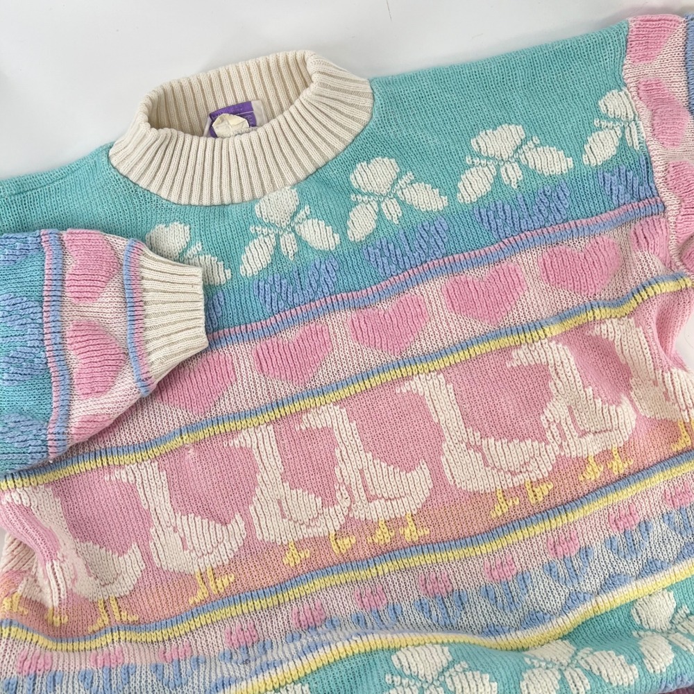 Vintage Arielle Goose Sweater USA Pastel Hearts Bows Mock Neck Made in USA L